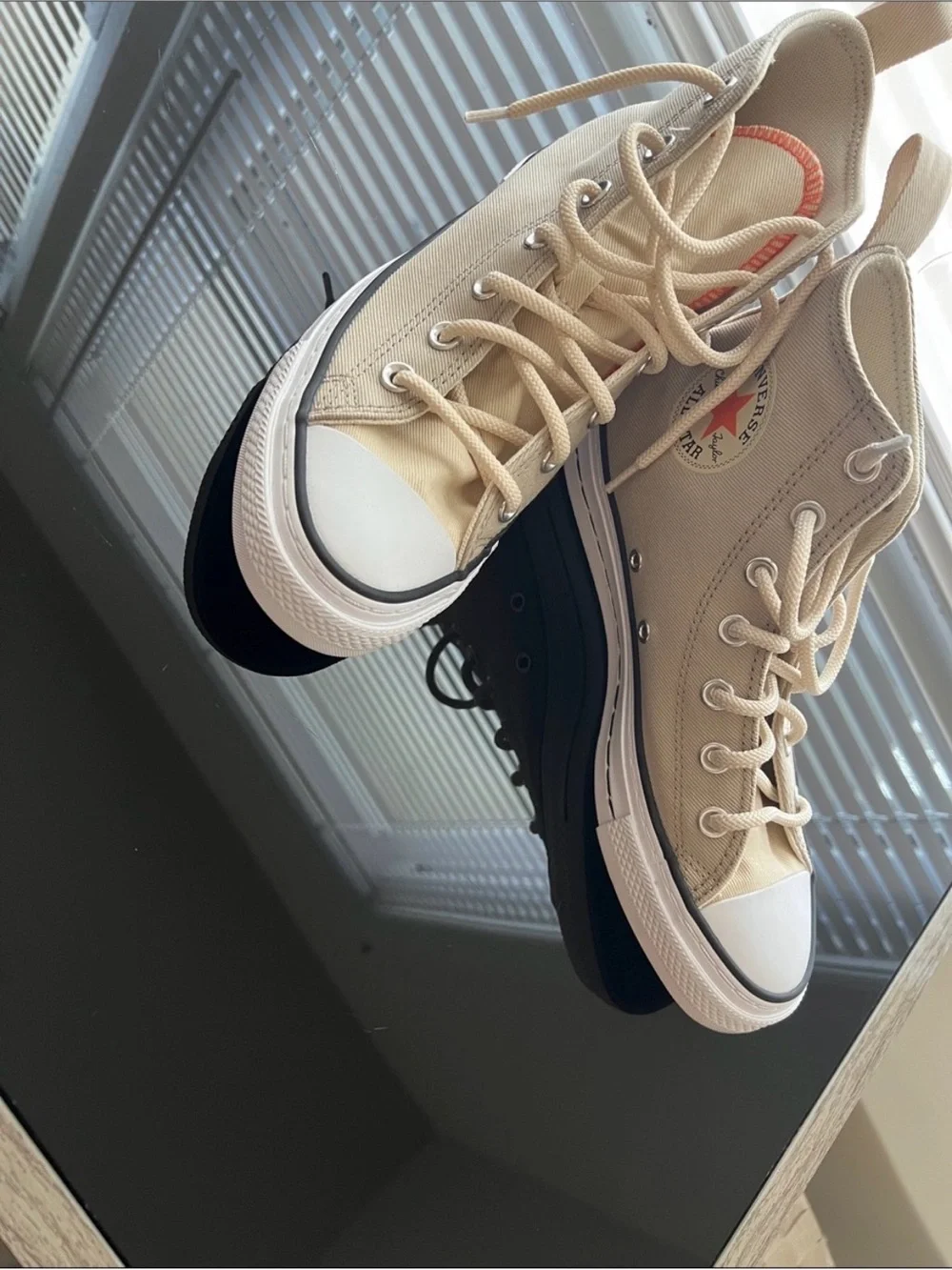 Converse High Top Canvas Sneakers in Beige and Black - Picture 2 of 4